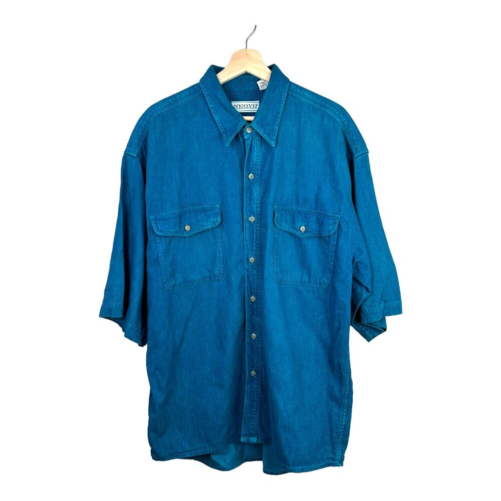 Vintage Nouvo Teal Blue Denim Button Down Short Sleeve Shirt Men's XL 90s Y2K